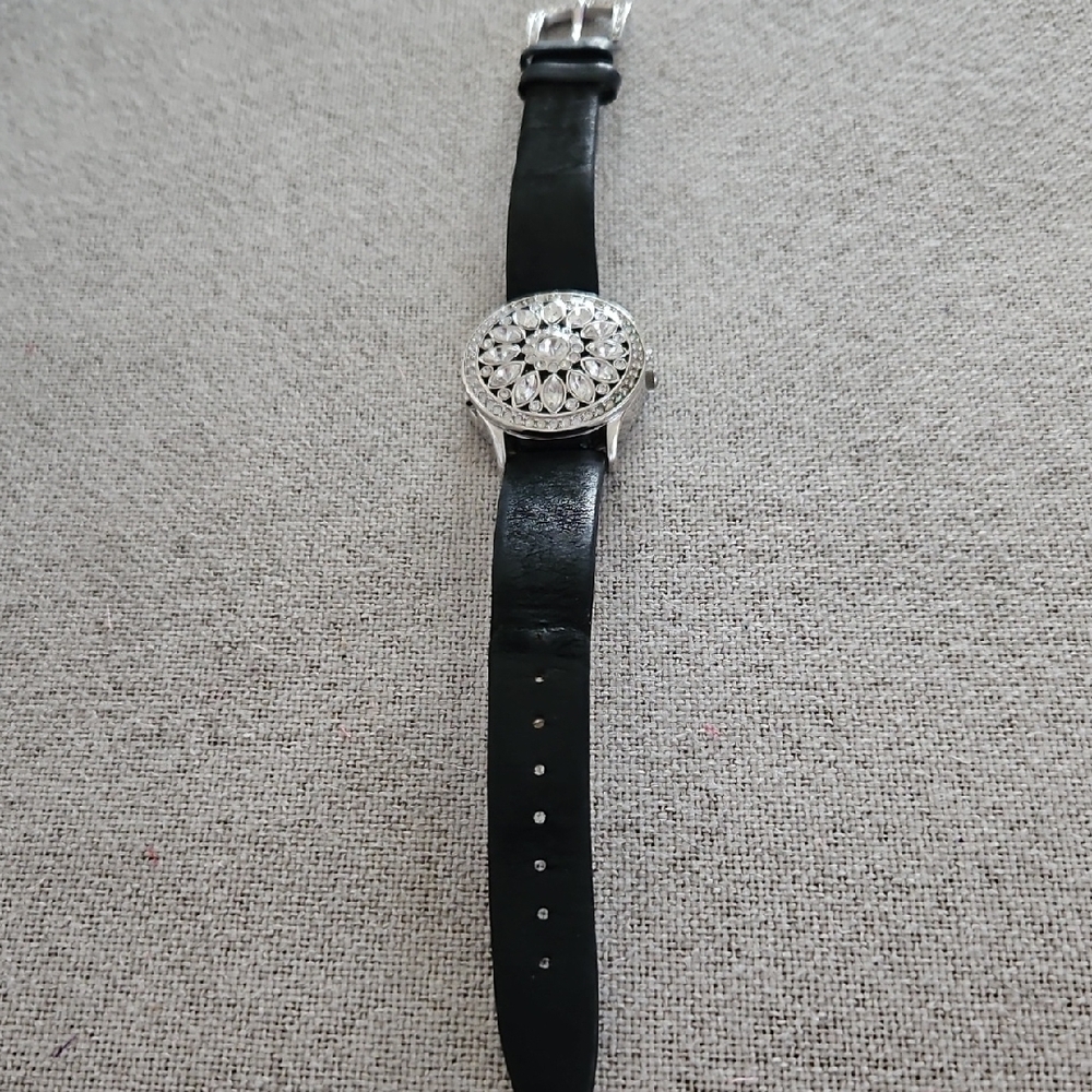 Victoria Wieck Black Leather Strap Quartz Watch with Silver Crystal Floral Dial